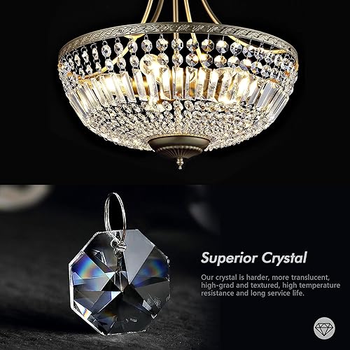 Miniatura 5 de WINGBO Lámpara de techo de cristal de 19.5 pulgadas, candelabro semiempotrado de 5 luces con gotas de lluvia, lámpara colgante redonda moderna cerca