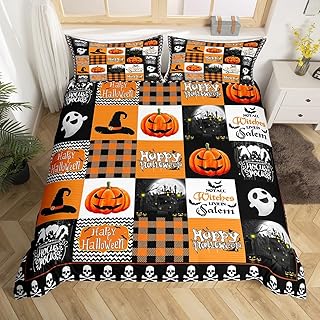 Pumpkin Lantern Duvet Cover Gothic Halloween Bedding Set Queen,Cartoon Cute Ghost Spider Comforter Cover Horror Witch Hat Patchwork Quilt Cover,Orange Halloween Lights Bats Halloween Decoration