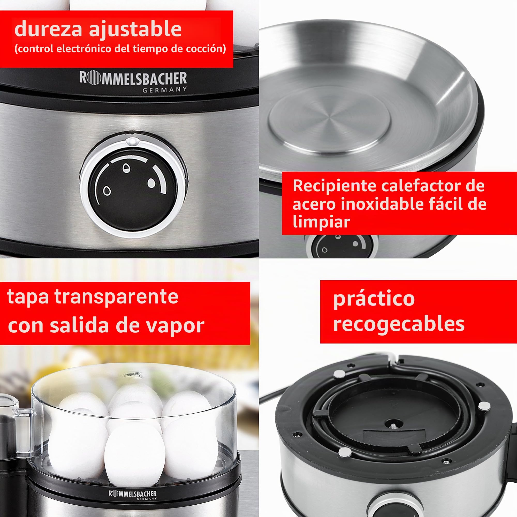ROMMELSBACHER ER 400 CUECEHUEVOS 7 HUEVOS 400 W NEGRO, ACERO INOXIDABLE, TRANSPARENTE