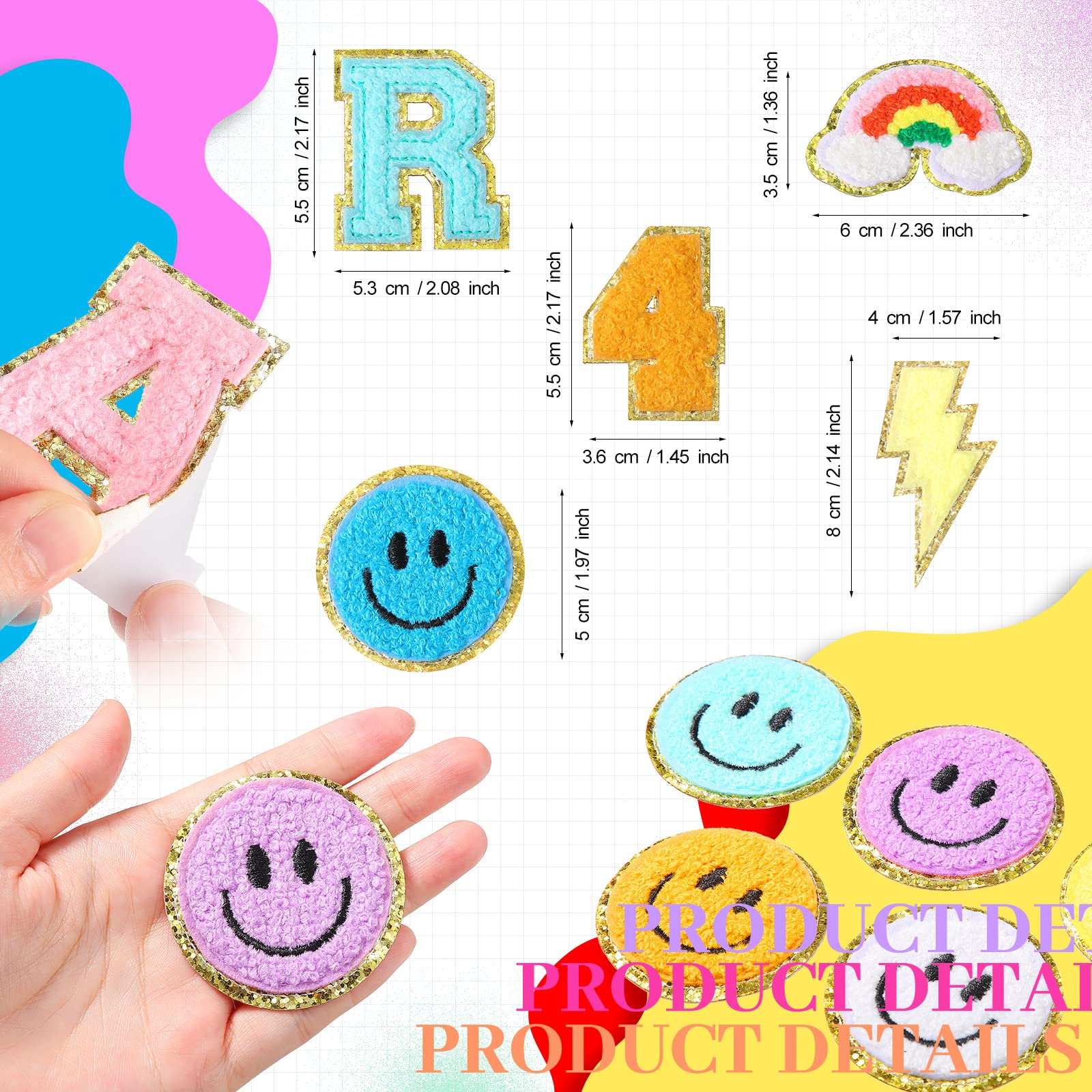 56 sztuk samoprzylepnych szenili, naszywki, urocze haftowane naszywki szenilowe, naszywki z literami, naszywki z cyframi, naklejki do DIY, kurtki, łatki, na telefon komórkowy, plecaki, kapelusz, tęczowe