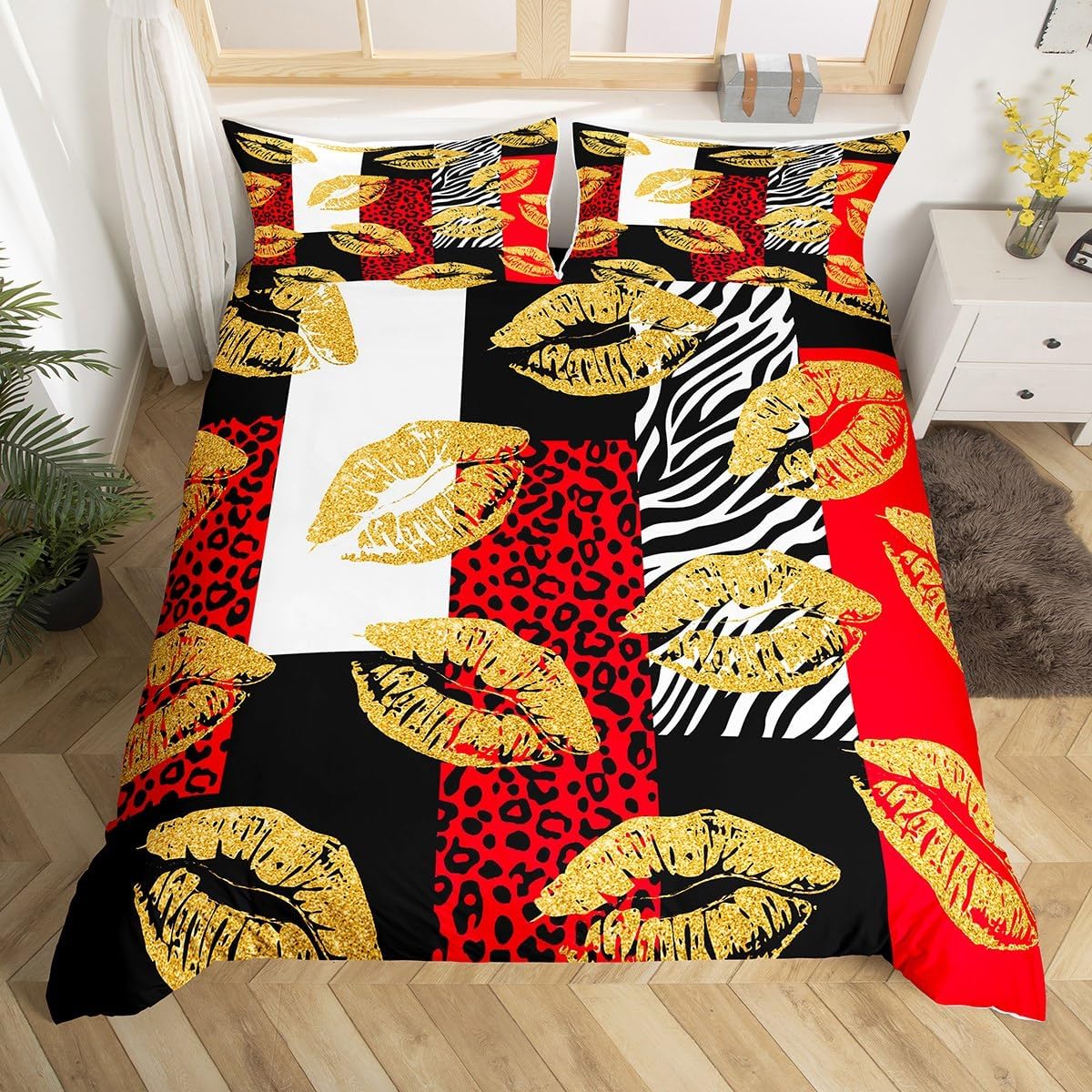 Feelyou Sexy Lips Comforter Cover Twin Size, Zebra Leopard