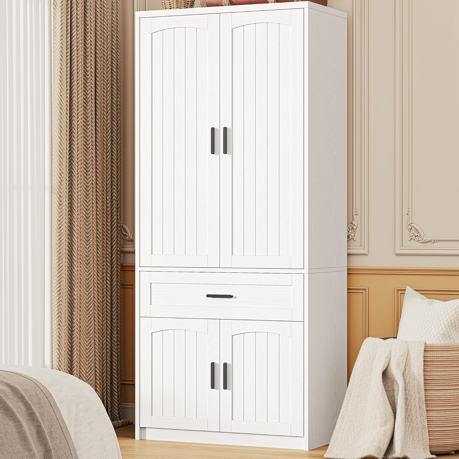 LIKIMIO 77" White Armoire Wardrobe Closet with 4 Doors, Drawer, Hanging Rod & Adjustable Shelves - Bedroom Storage Cabinet