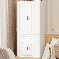 LIKIMIO 77" White Armoire Wardrobe Closet with 4 Doors, Drawer, Hanging Rod & Adjustable Shelves - Bedroom Storage Cabinet