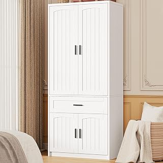 LIKIMIO 77" White Armoire Wardrobe Closet with 4 Doors, Drawer, Hanging Rod & Adjustable Shelves - Bedroom Storage Cabinet