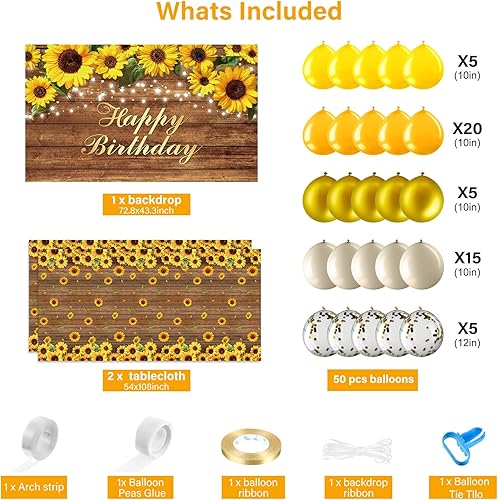Miniatura 2 de Suministros de decoración de fiesta de cumpleaños de girasoles, kit de arco de globos de girasol, incluye telón de fondo, manteles, guirnalda de