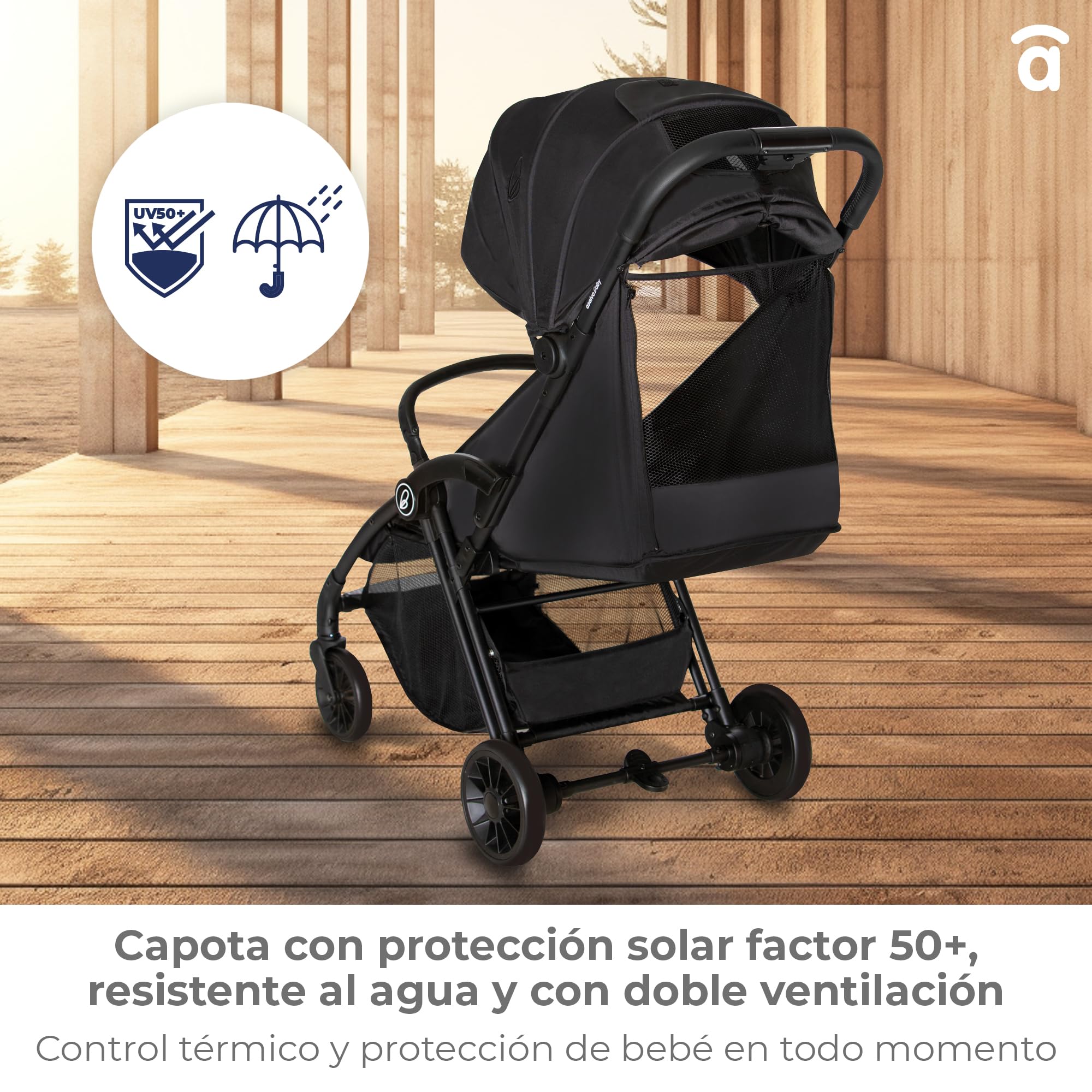 Silla de Paseo Ultraligera y Compacta para Bebé hasta 24 kg, Reclinable, Capota con Ventana, Freno Trasero, Arnés de Seguridad, Plegado Fácil y Rápido – PLIS PLAS Chasis Negro ASALVO