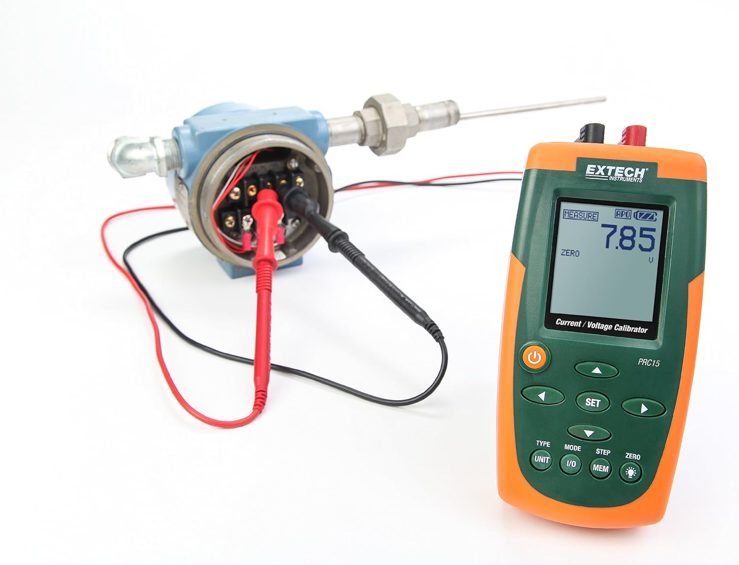 Extech PRC15 - Current & Voltage Calibrator/Meter – Precision 0–24 mA & 0–20 V Sourcing, 0.01% Accuracy, Backlit LCD, 5 Presets, Banana I/O – Includes Leads, Clips, Universal AC Adapter & Hard Case