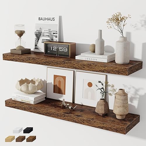 Miniatura 17 de Estantes flotantes para pared, juego de 2 estantes flotantes de 28 pulgadas, estante de madera rústica montado en la pared para baño, sala de estar,