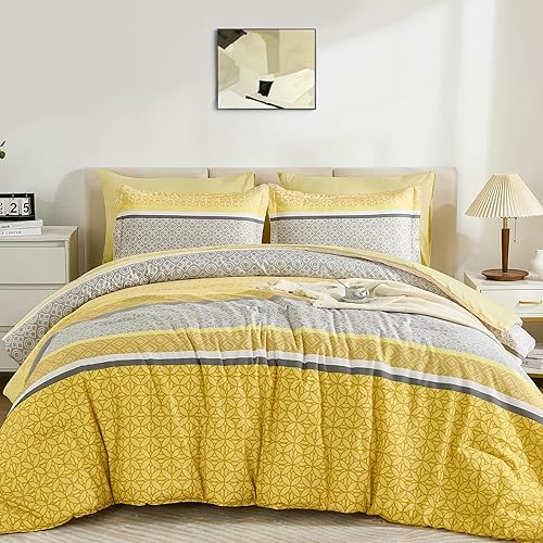 Miniatura 9 de WONGS BEDDING Juego de edredón amarillo tamaño Queen, juego de edredón y sábanas de 7 piezas a rayas en una bolsa, juego de ropa de cama bohemio