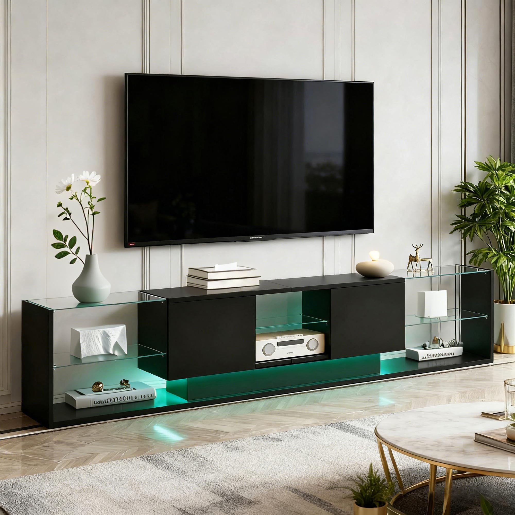 Mueble TV negro con luces LED, moderno mueble de TV de 200 cm con 2 cajones y estantes de cristal, mesa Tele banco TV para salón o dormitorio (negro, 200 x 35 x 45 cm)