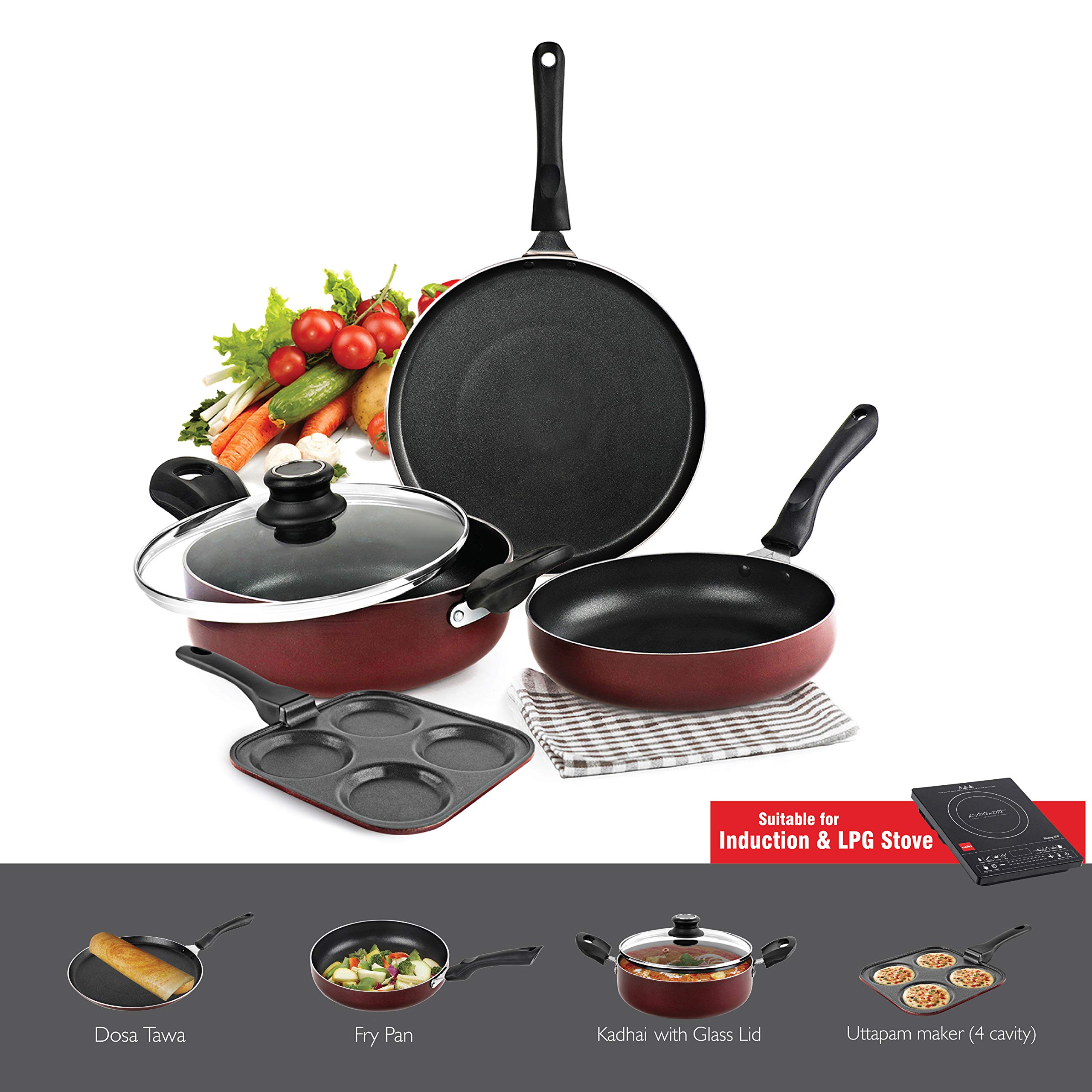 Cello Prima Uttapam Non Stick Aluminium Cookware Combo, (Red, Cherry) 1
