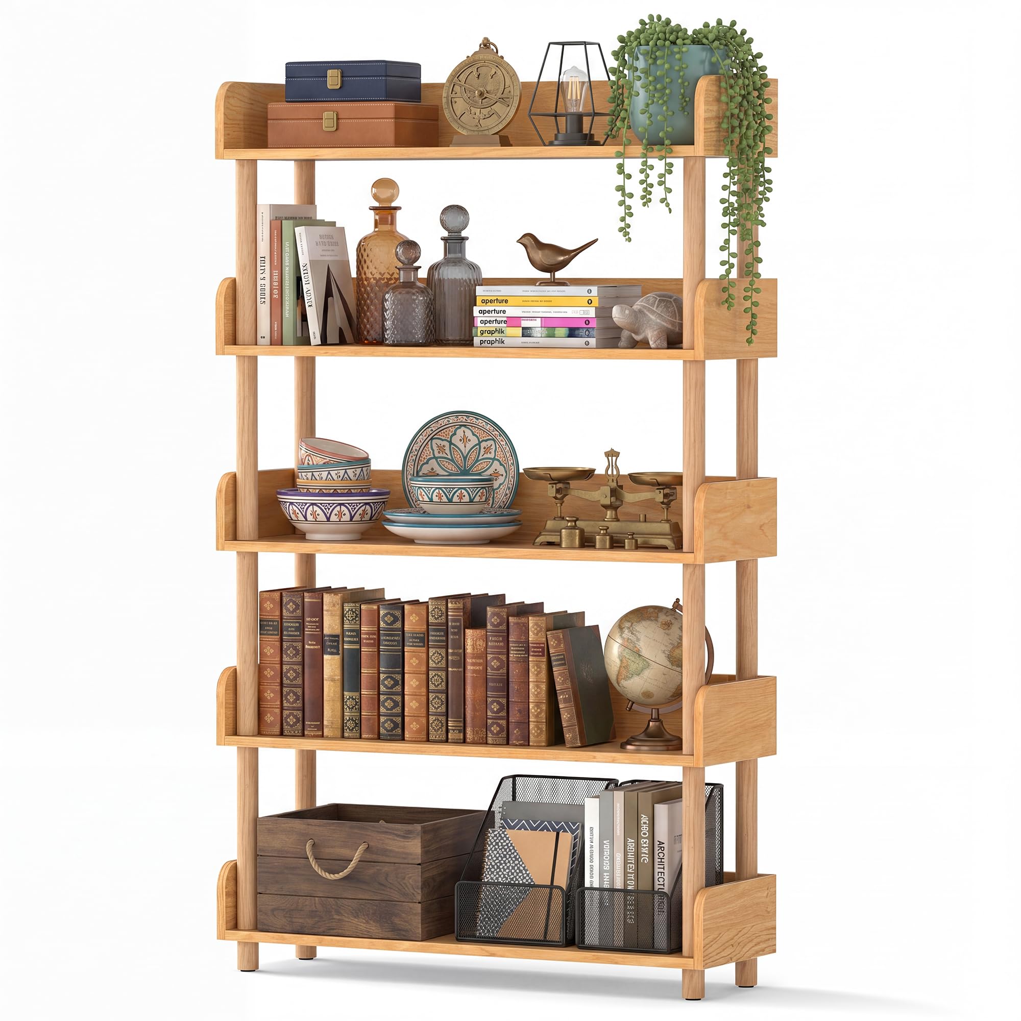 GIANTEX Bücherregal, Standregal mit 3 offenen Ebenen, stehendes Küchenregal mit Pfosten aus Kiefernholz, Holzregal mit erhöhten Schutzplatten für Wohnzimmer, Arbeitszimmer & Küche, Natur (5)
