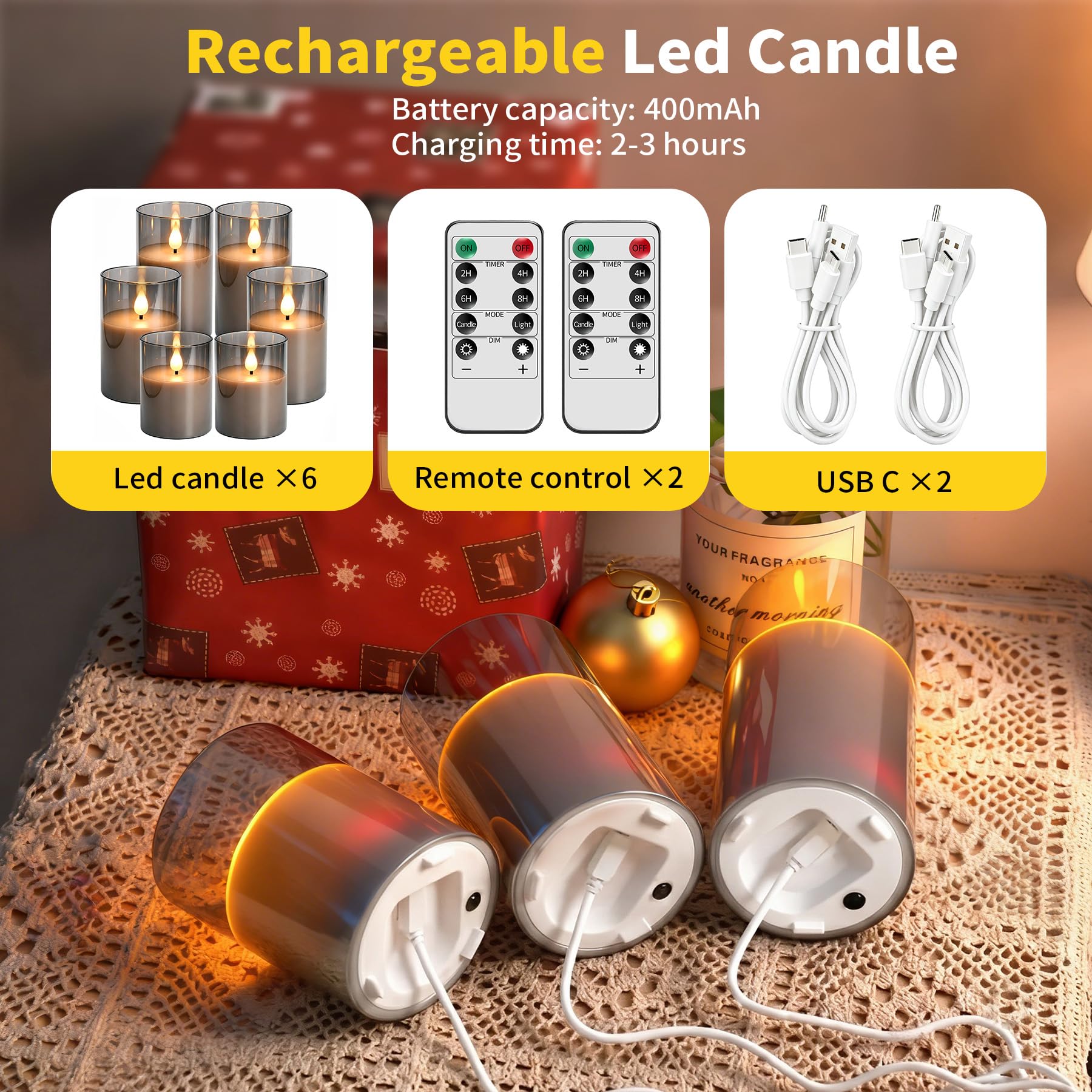 Bougies LED Rechargeable,Lot De 3 Verre Gris Bougies LED Sans Flamme avec télécommande et minuterie(10/12.5/15cm),Bougies Décoratives pour Fête, Anniversaire,Mariage