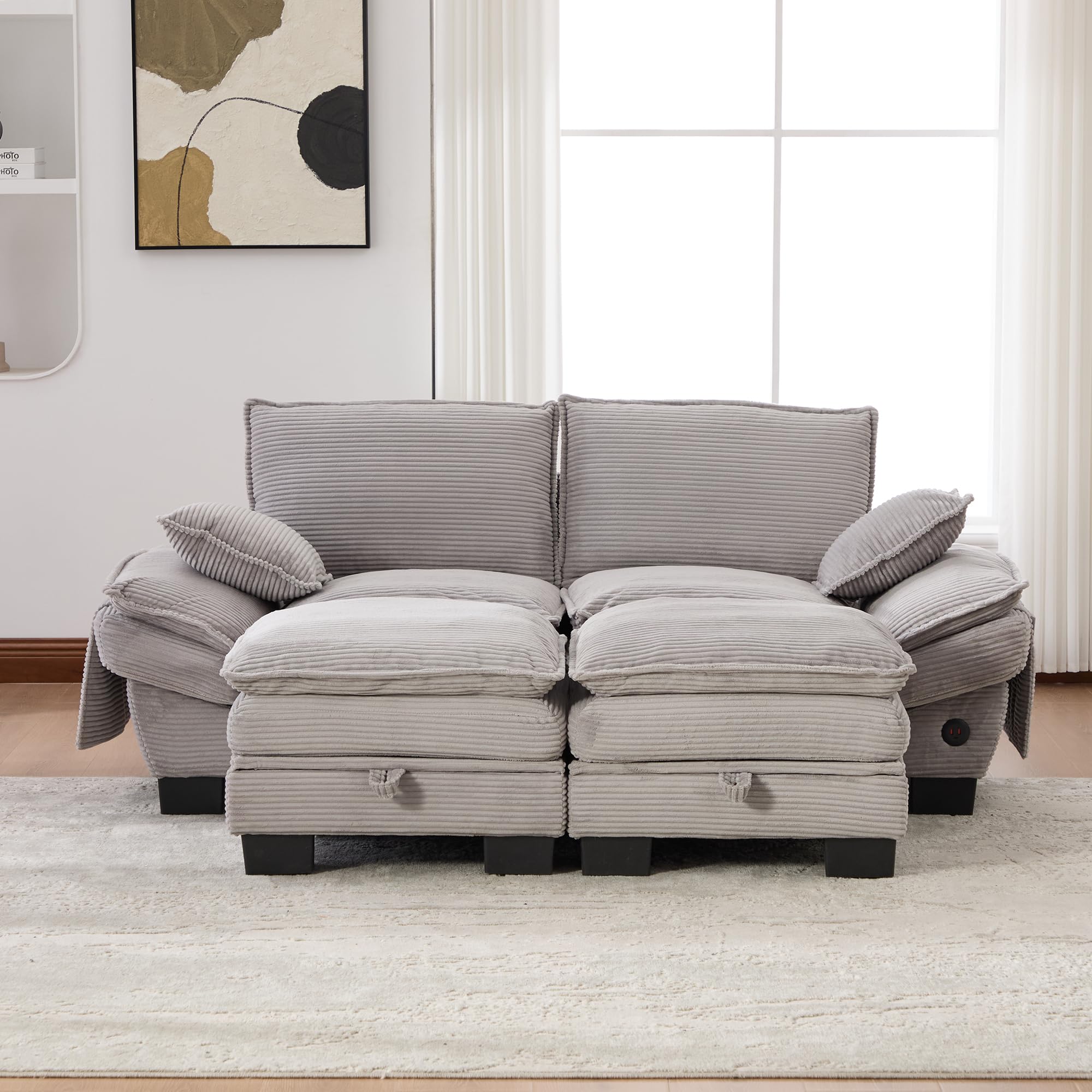 Modułowa sofa 2-osobowa z 2 taboretami, ergonomiczna szerokość siedziska z przyłączem C, sofa do salonu z bocznymi kieszeniami, do salonu, kolor jasnoszary