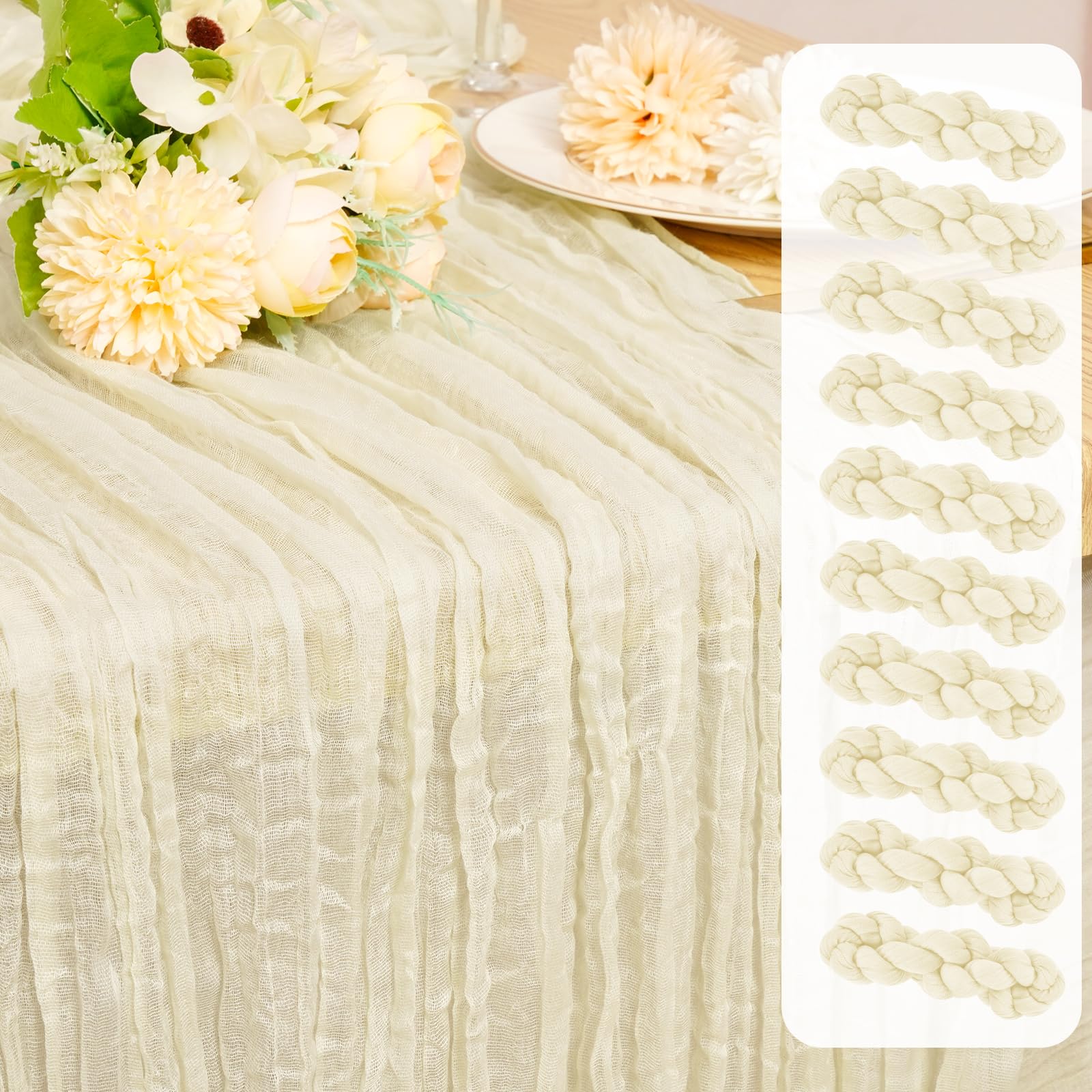 Showgeous 10 sztuk obrusów z serem, kolor kości słoniowej, 300 cm, rustykalny bieżnik na stół, kość słoniowa, romantyczny styl boho, dekoracja stołu, na wesele, wieczór panieński, urodziny (55 x 300