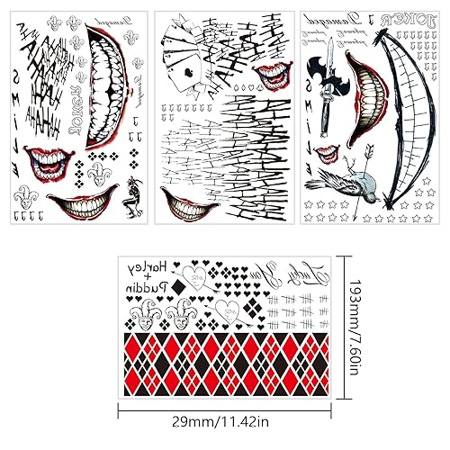 Miniatura 2 de 4 hojas de tatuajes de comodín para escuadrón suicida, tatuajes temporales falsos de Halloween, tatuajes faciales para Harley Quinn, para disfraces