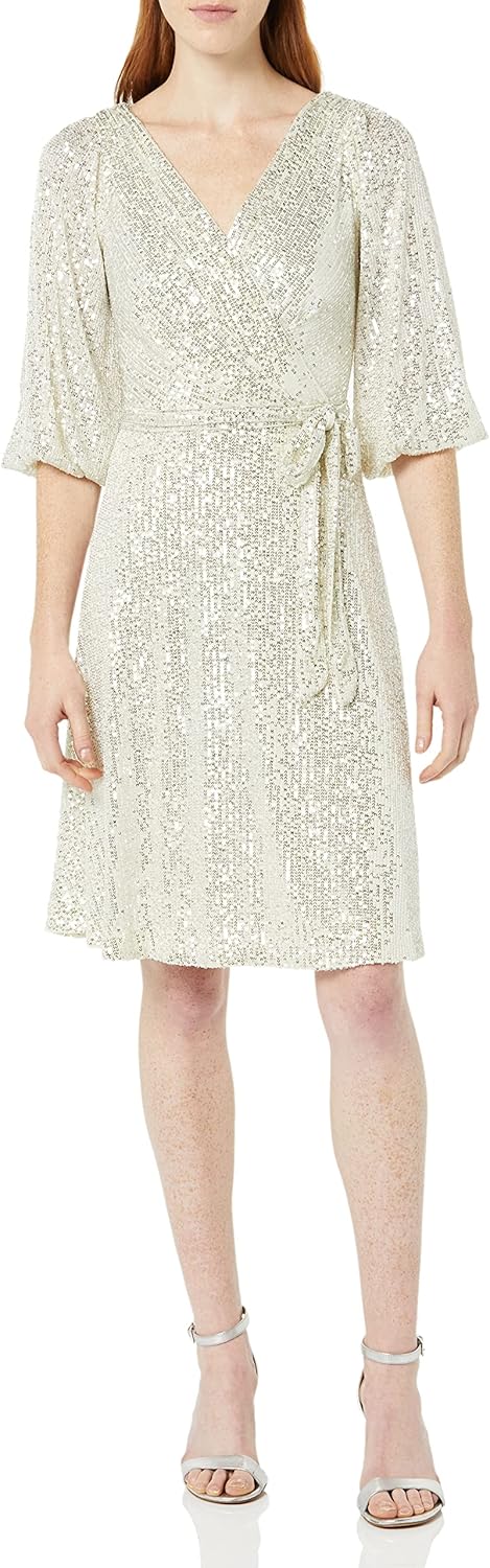 DKNY Womens 3/4 Balloon Sleeve Surplice Neck Knee Length Belted Sequin Dress