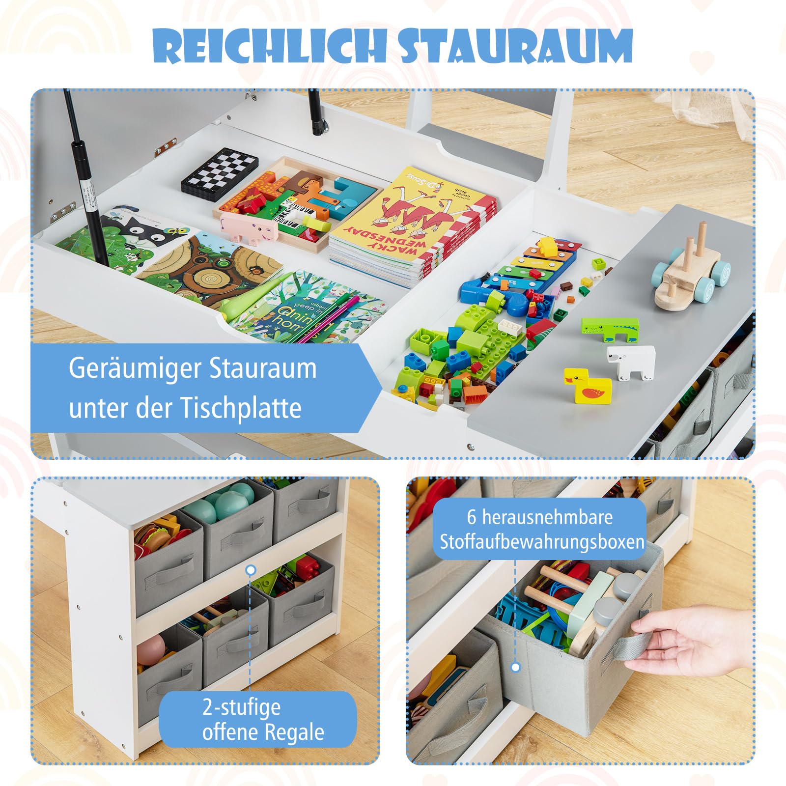 COSTWAY Kindertisch mit 2 Stühlen, 3 in 1 Aktivitätstisch & Staffelei Holz mit anhebbarer Tischplatte, Farbbechern, 6 Stoffbehältern & Papierrolle, Kindersitzgruppe für ab 3 Jahren, 109x60x55cm, Grau