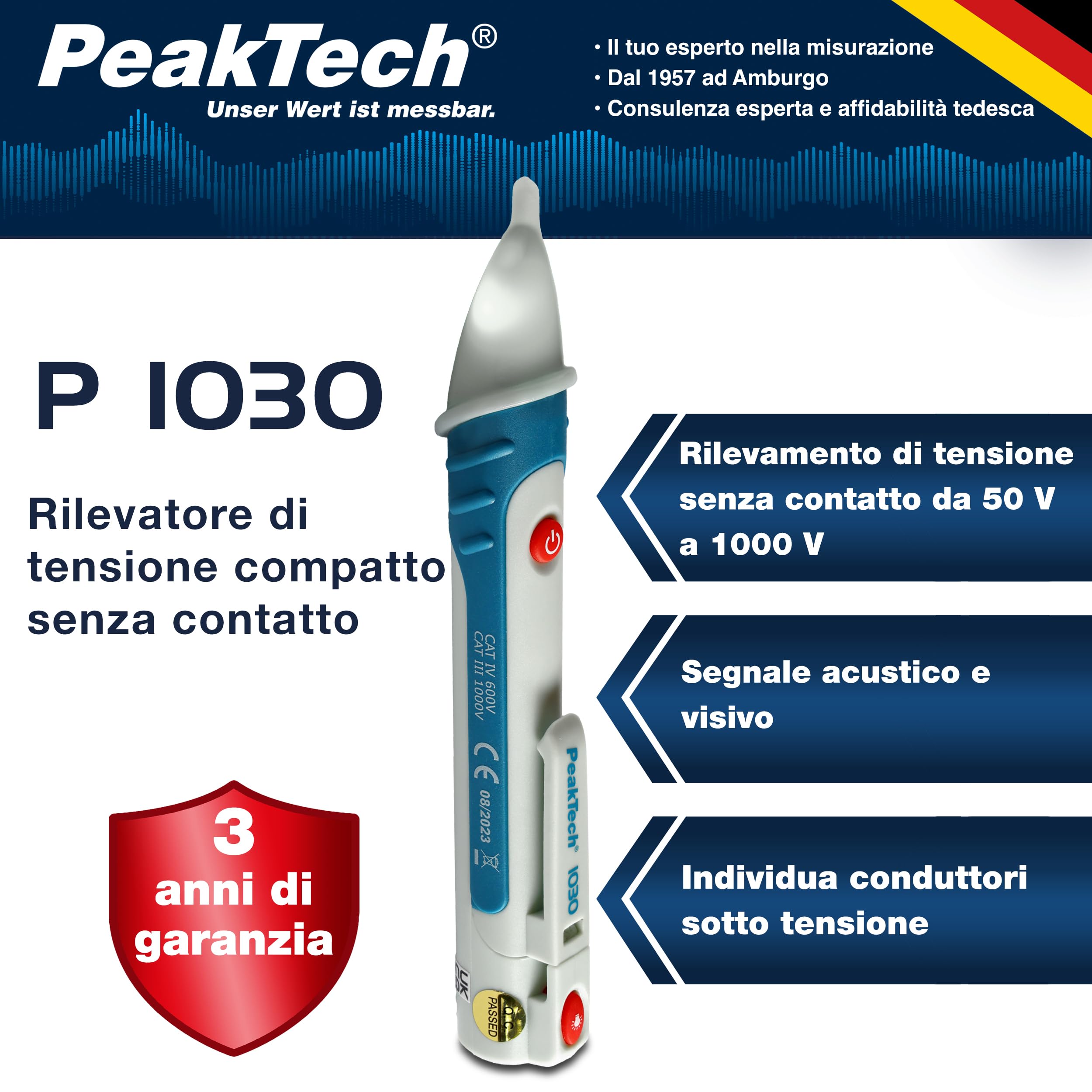 PeakTech 1030 - Tester di Tensione AC senza Contatto con Lampada a LED, Campo di Funzionamento Ac 50-1000V, Sistema di Misurazione, Penna Multimetro Portatile, Segnale Acustico - 157X26Mm