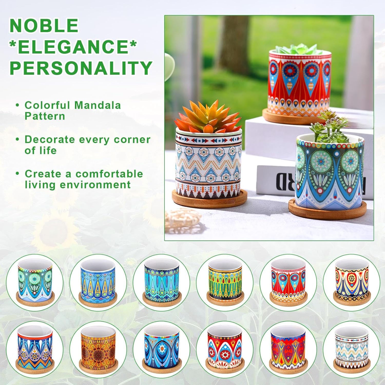 Zopeal 12 Pcs Mandala Ceramic Succulent Pots with Bamboo Trays, Colorful Boho Spring Decor Planters, Small Cactus Plant Pots for Desk Shelf Windowsill, Fiesta Home Decor
