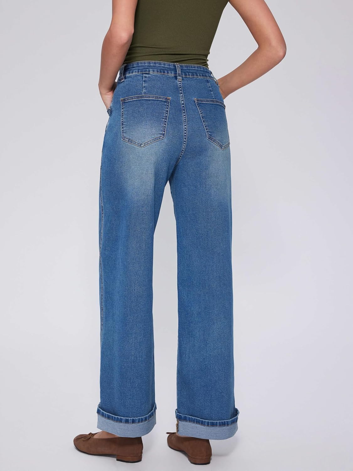 Vinova Womens Wide Leg Baggy Jeans Stretchy Folded Hem Cuffed Boyfriend Denim Pants Trendy Straight Leg Trouser Jeans - Image 5