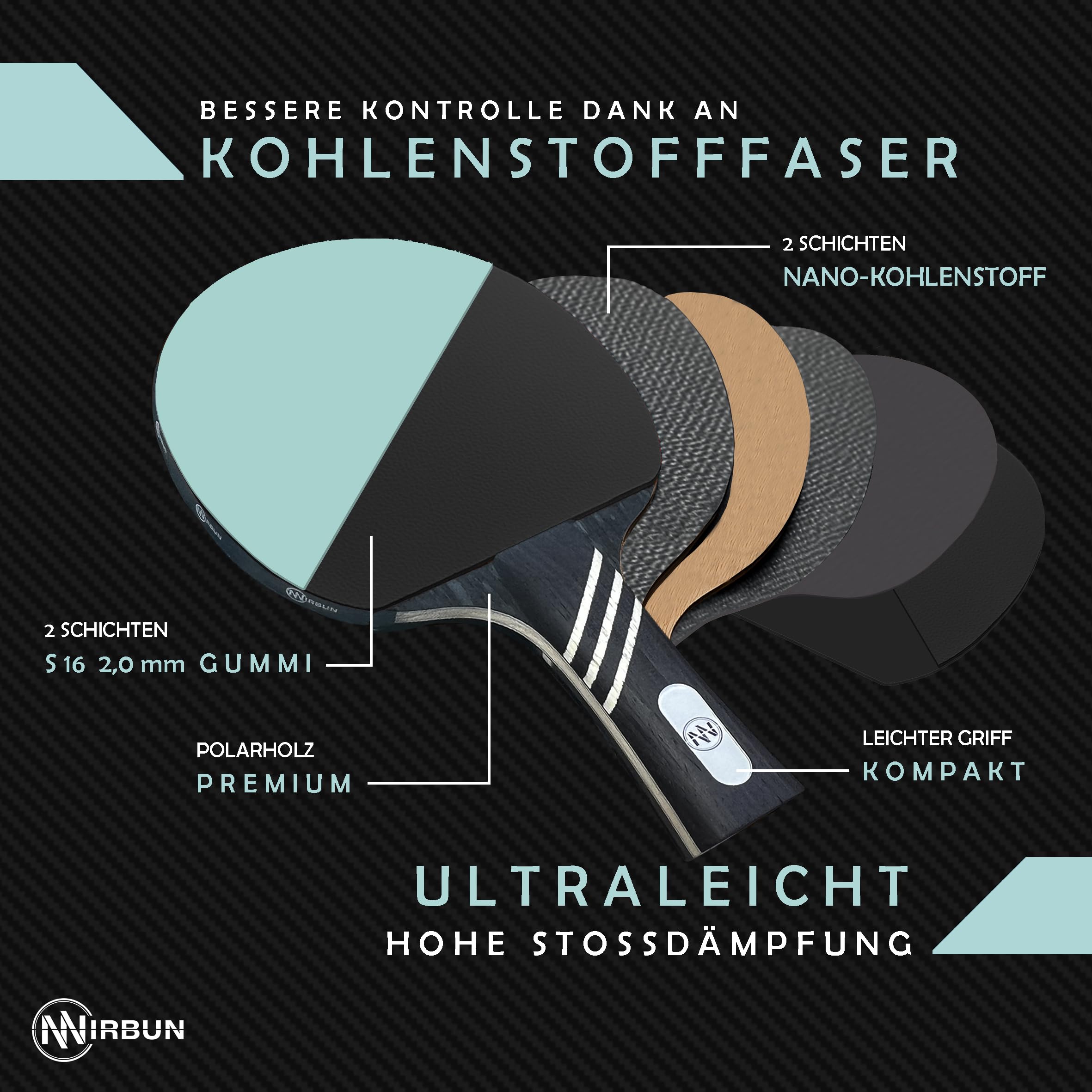 Professioneller Tischtennisschläger aus Carbonfaser | Tischtennisschläger mit hochresistentem Belag | Polarholz + Carbonfaser | Schutzhülle | Kontrolle, Power und Geschwindigkeit