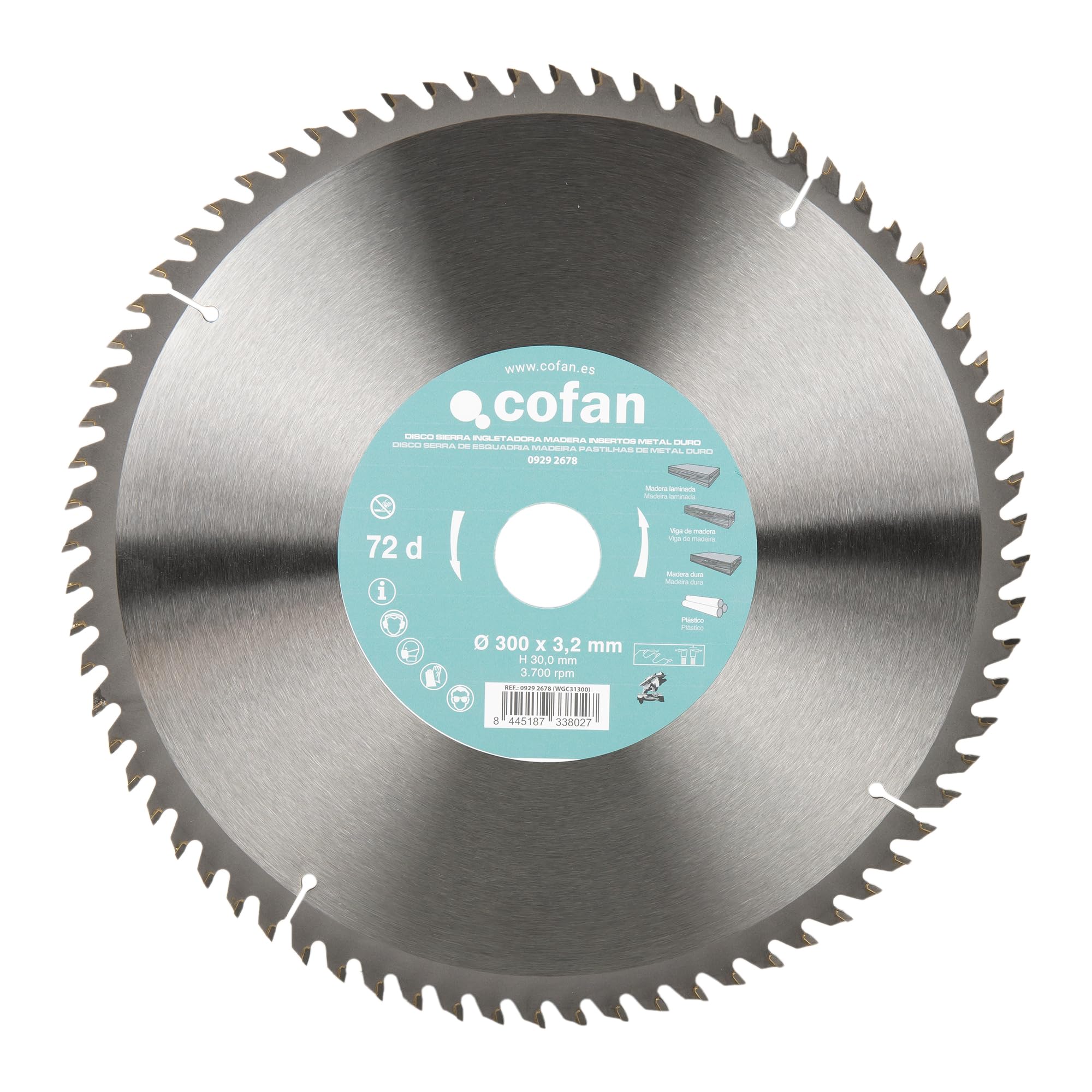 Cofan Hoja de Sierra Ingletadora 72 Dientes 300x30mm 3.2mm Metal Duro
