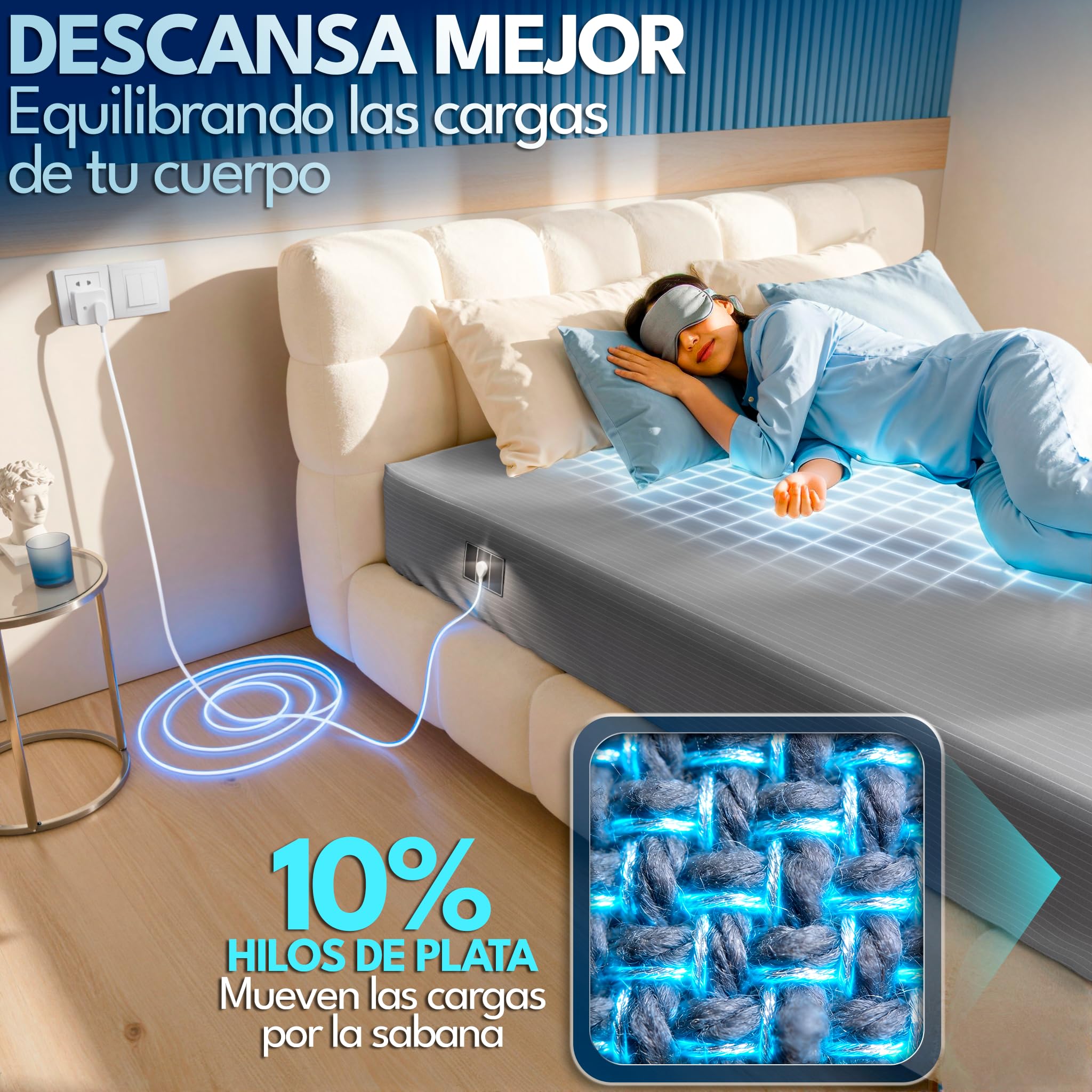 Sabanas Grounding Ajustable 10% Plata 90% Algodon| Sabanas de Conexion a Tierra + Cabezal + Cable + Tester + Antifaz Lino (Gris, Cama Individual (90x200x30))