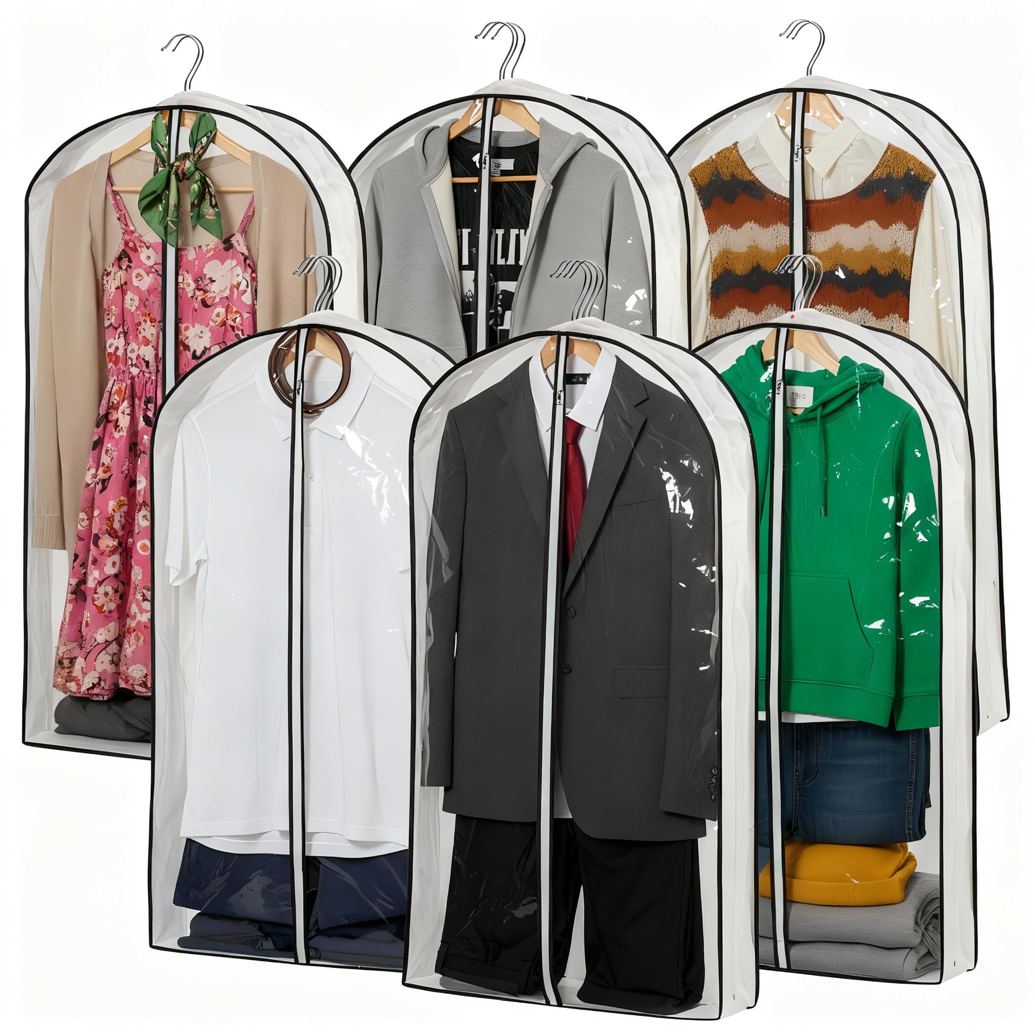 Hanging Clothes Storage with 4" Gusseted Garment Covers (Set of 6) - Clear Suit, Dress, Sweater, Shirt Protectors - 24"x 40"x 4" / 6 Pack