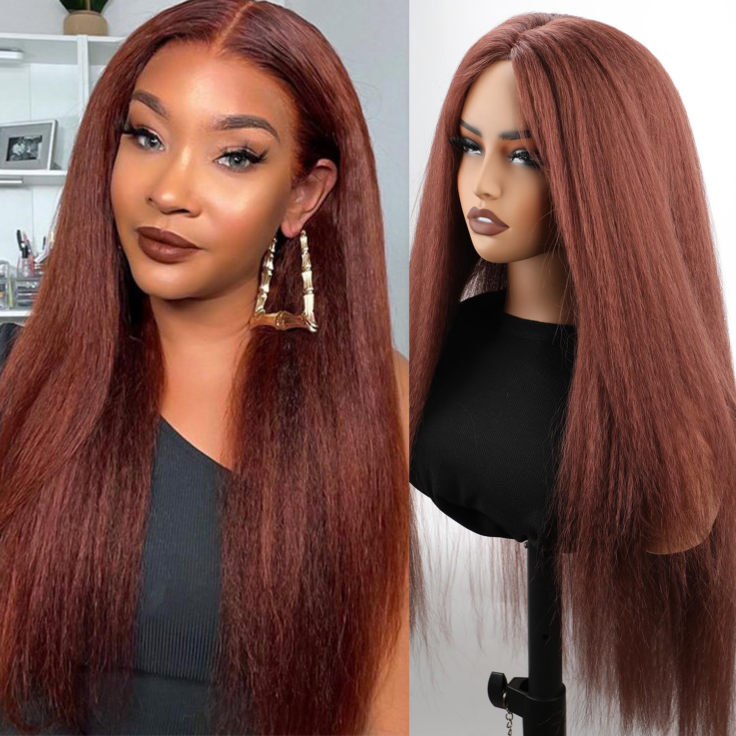Kinky Straight Honey Wig Wear and Go Glueless Wig Pre Plucked Pre Cut Yaki Synthetic Wigs for Black Women Soft Natural 30 Inch Brown Ombre Honey Blonde