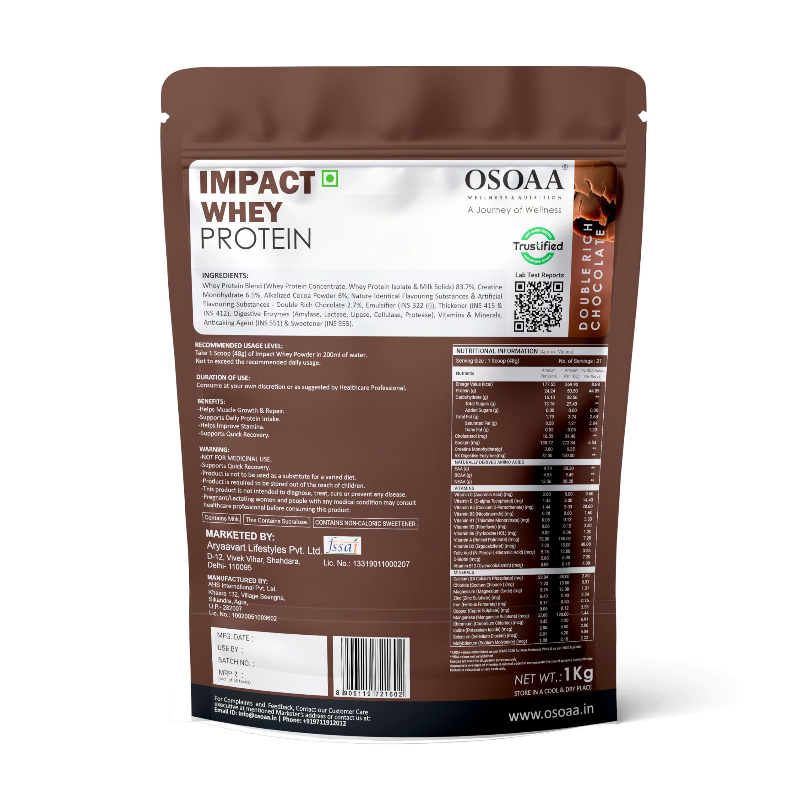 OSOAA Impact Whey Protein 1kg -Double Rich Chocolate | Isolate & Concentrate | 24g Protein & 3g Creatine with 5X Digestive Enzymes | Trustified Certified & NABL Lab Tested — Amazon image 9