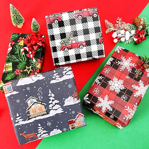 Miniatura 8 de BOLIANNE Papel de regalo de Navidad para niños, hombres y mujeres, papel de regalo de Navidad con lana cuadriculada, camiones, copos de nieve, renos