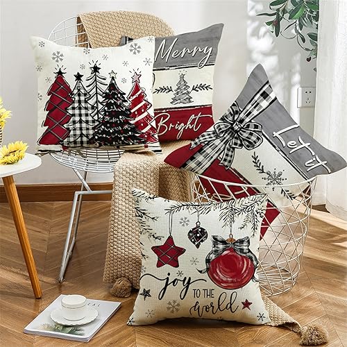 Miniatura 2 de Juego de 4 fundas de almohada de Navidad a cuadros rojos y grises de 18 x 18 pulgadas, diseño de bolas de árbol de nieve para sofá