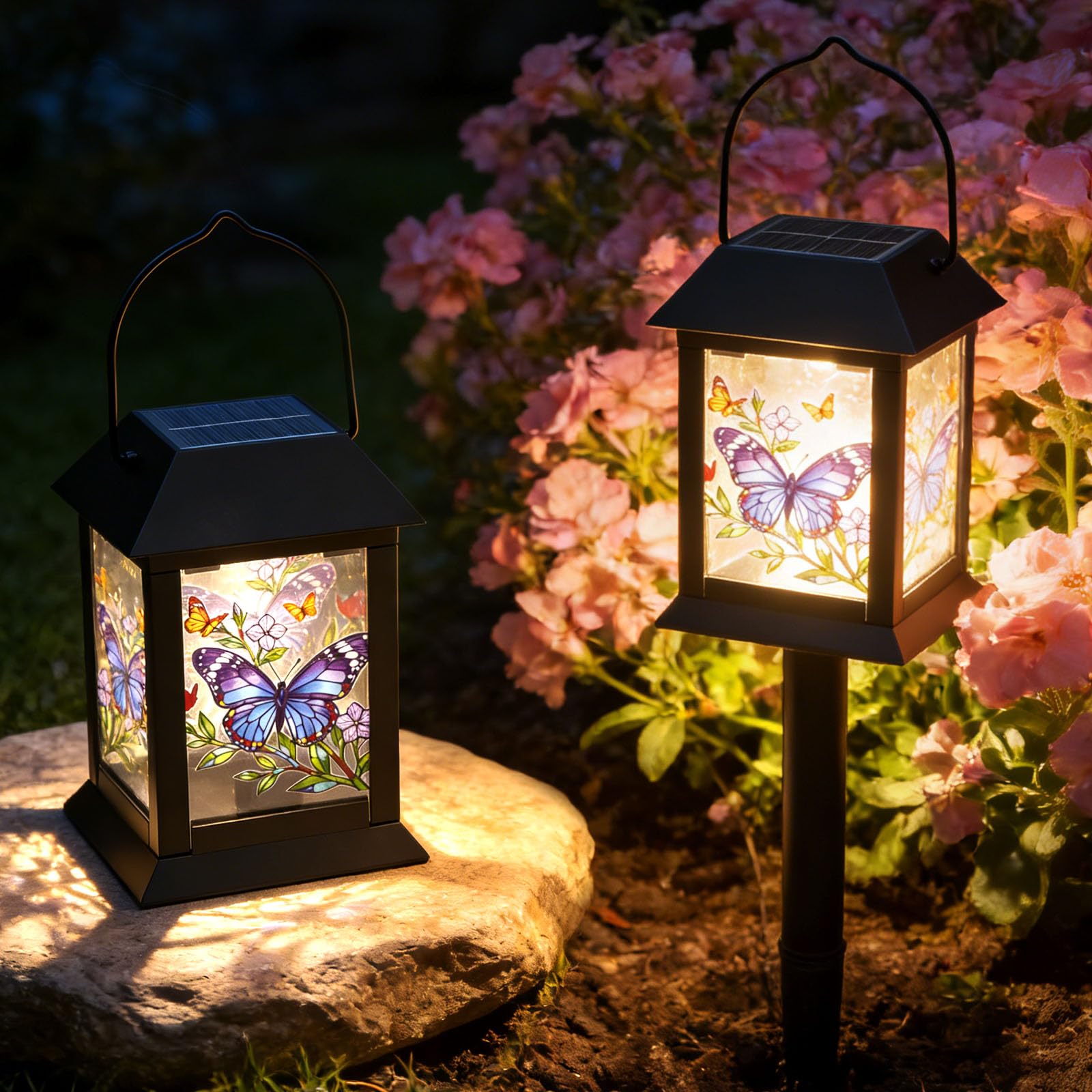 Delousiber Solar Lanterns Outdoor Garden, 2 Pack Hanging Solar Lights, Waterproof PVC LED Solar Powered Pathway Lights for Outside, Yard, Patio, Landscape, Walkway, Garden Decor Gifts for Woman Mum