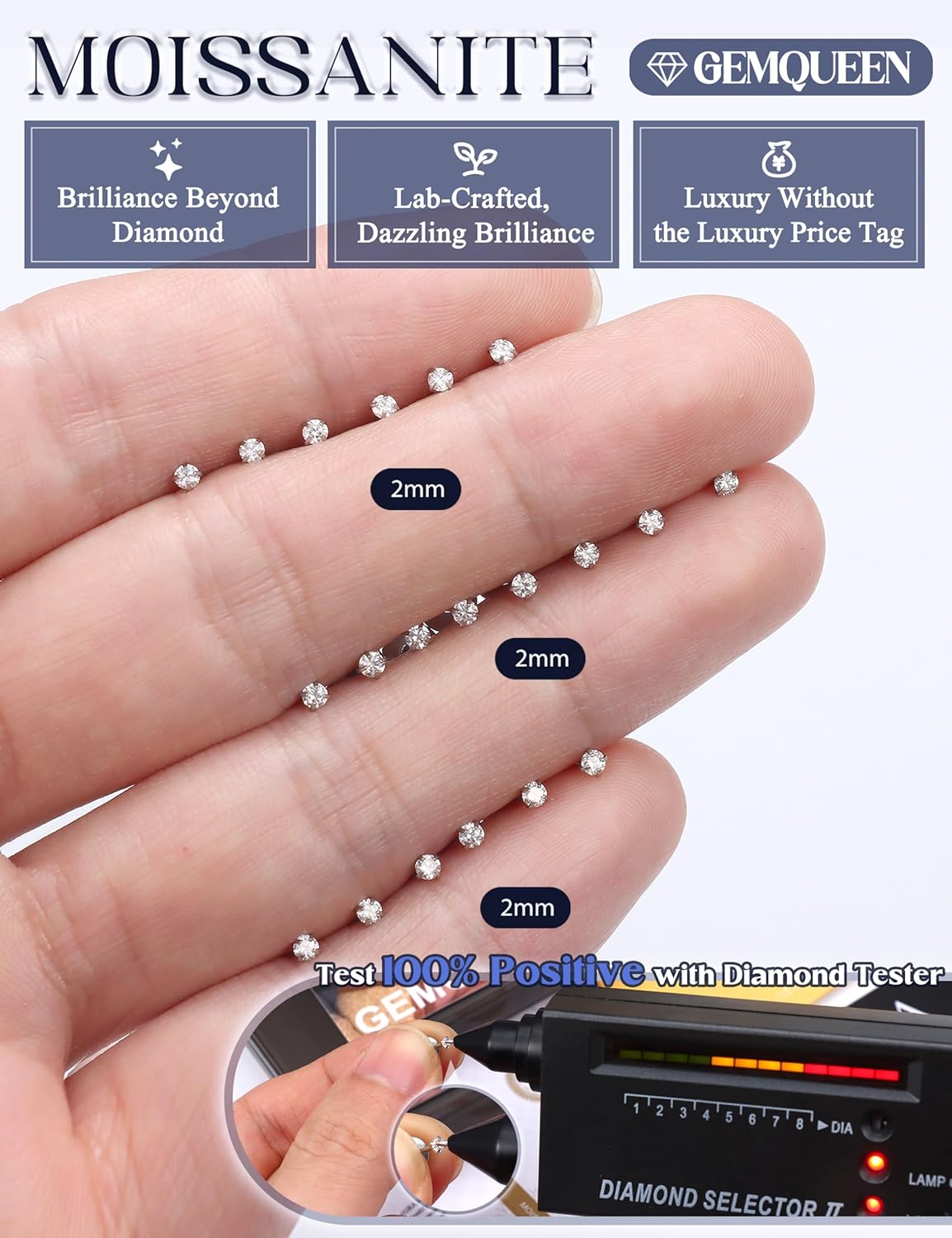 GEMQUEEN 5-10 Pairs Tiny Moissanite Earrings Flat Back Studs 14K Gold Plated Stainless Steel - Hypoallergenic Cartilage Helix Piercing Jewelry Earring Set for Women Men Brilliant Round Cut D Color VVS1 2mm