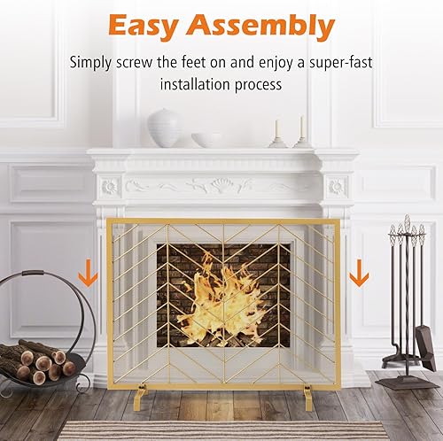 Miniatura 4 de COSTWAY Pantalla de chimenea de un solo panel, 38.5 x 31 pulgadas, hecha a mano, malla de hierro forjado, protector contra chispas de fuego con