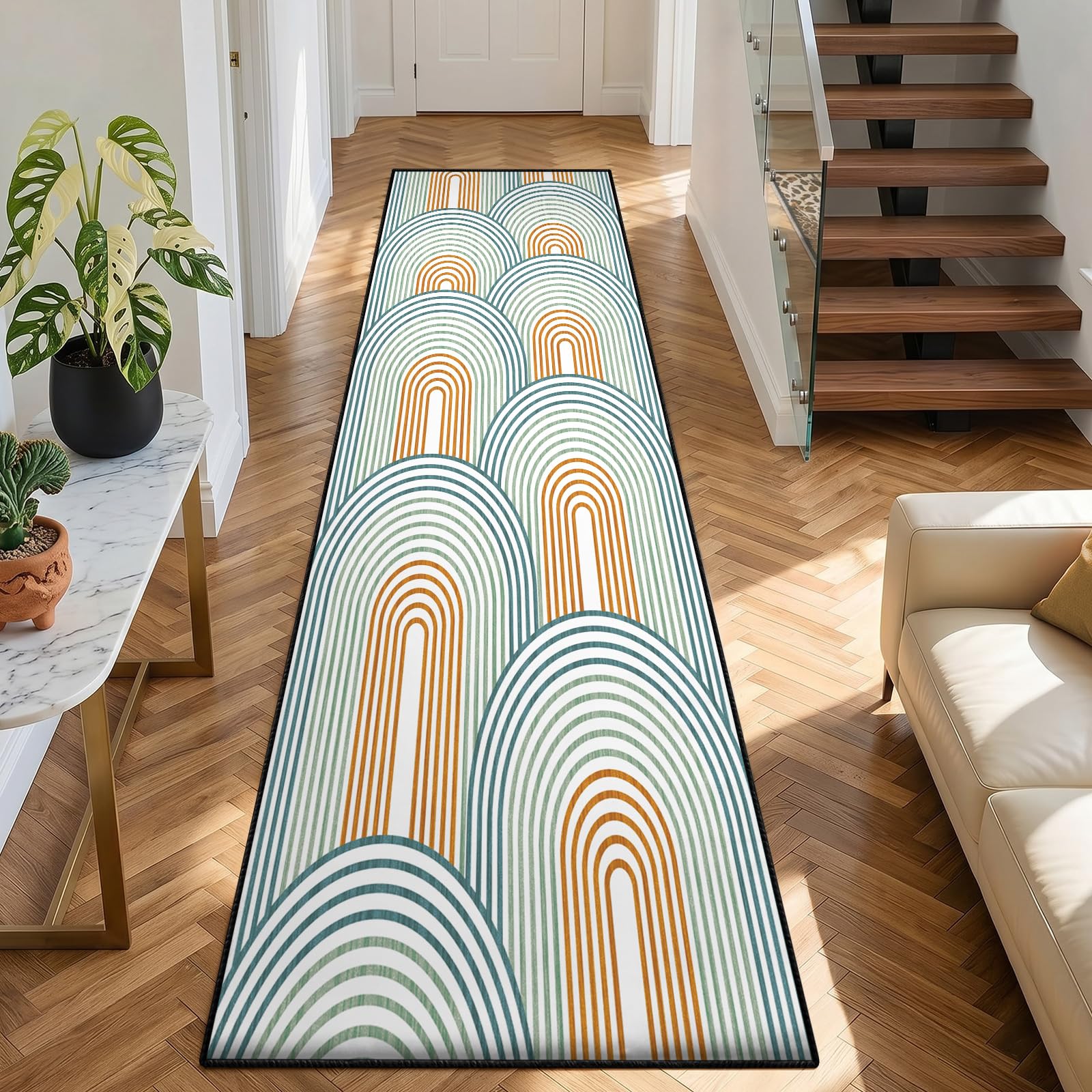 Minimalist Geometric Rugs for Kitchen 60x120cm, Modern Arch Pattern Carpet Runners, Retro Boho Long Carpet, Cosy Reduce Noise Durable Non Slip Rug for Living Room Lounge Decor Floor Mat