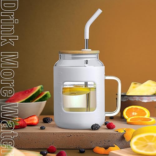 Miniatura 7 de WINSA Botellas de agua de vidrio de 50 onzas con funda de silicona, vaso de vidrio con tapa y popote, taza de café helado con asa, sin BPA, color
