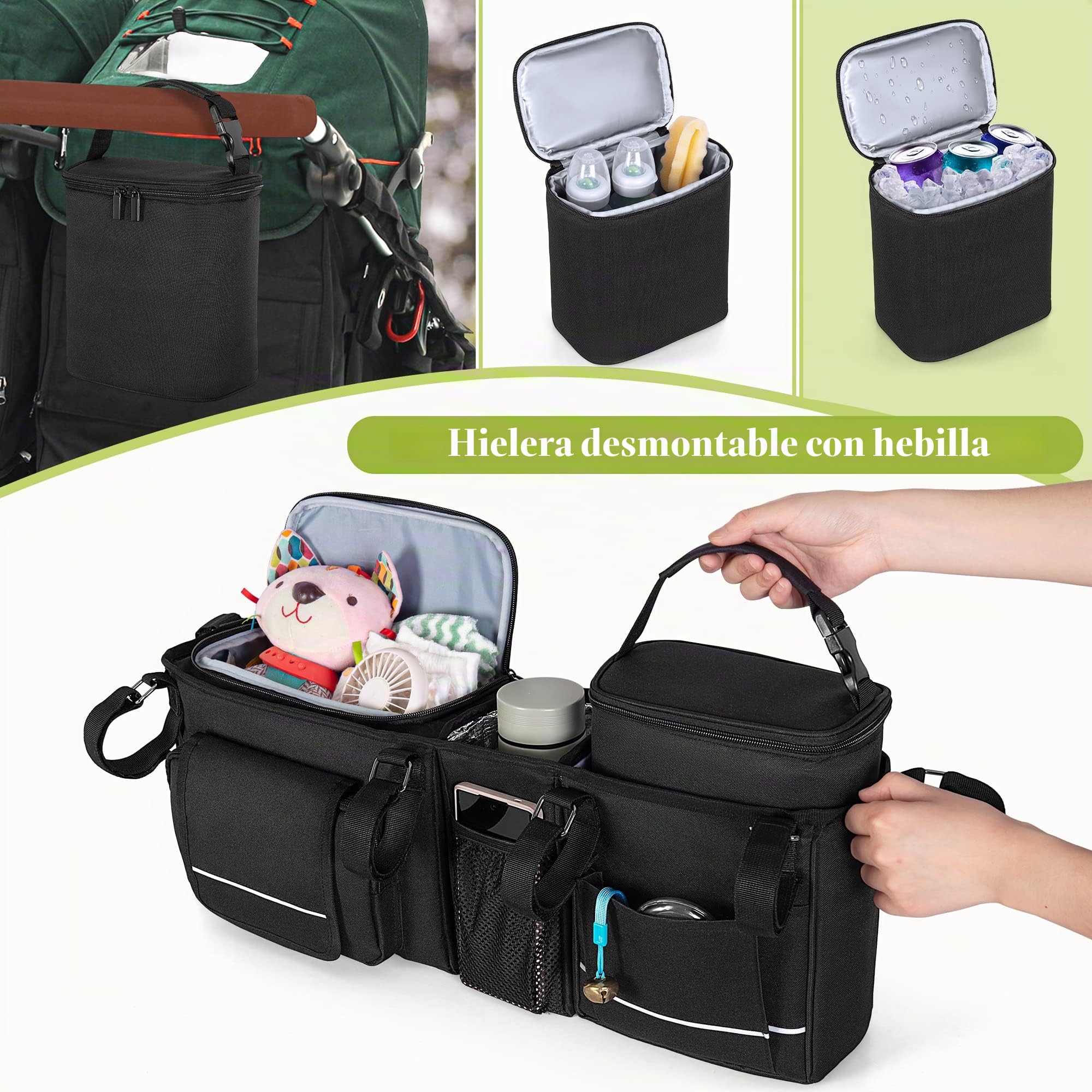Bolso para Cochecito Doble con Nevera Portátil Desmontable y Portavasos | Compatible con Baby Jogger City Mini GT2 Double y BOB Duallie, organizador para cochecito (solo la bolsa).