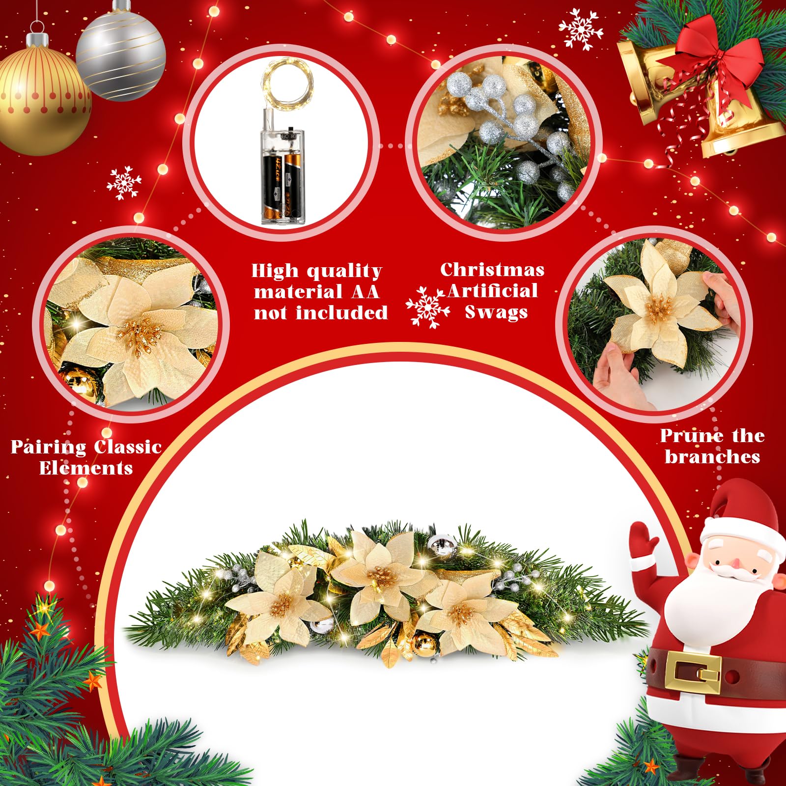 Norme Confezione da 4 festoni natalizi da 76,2 cm per finestre, grandi decorazioni natalizie artificiali con luci per porta d'ingresso, architrave da parete, caminetto, casa, vacanze, interni ed