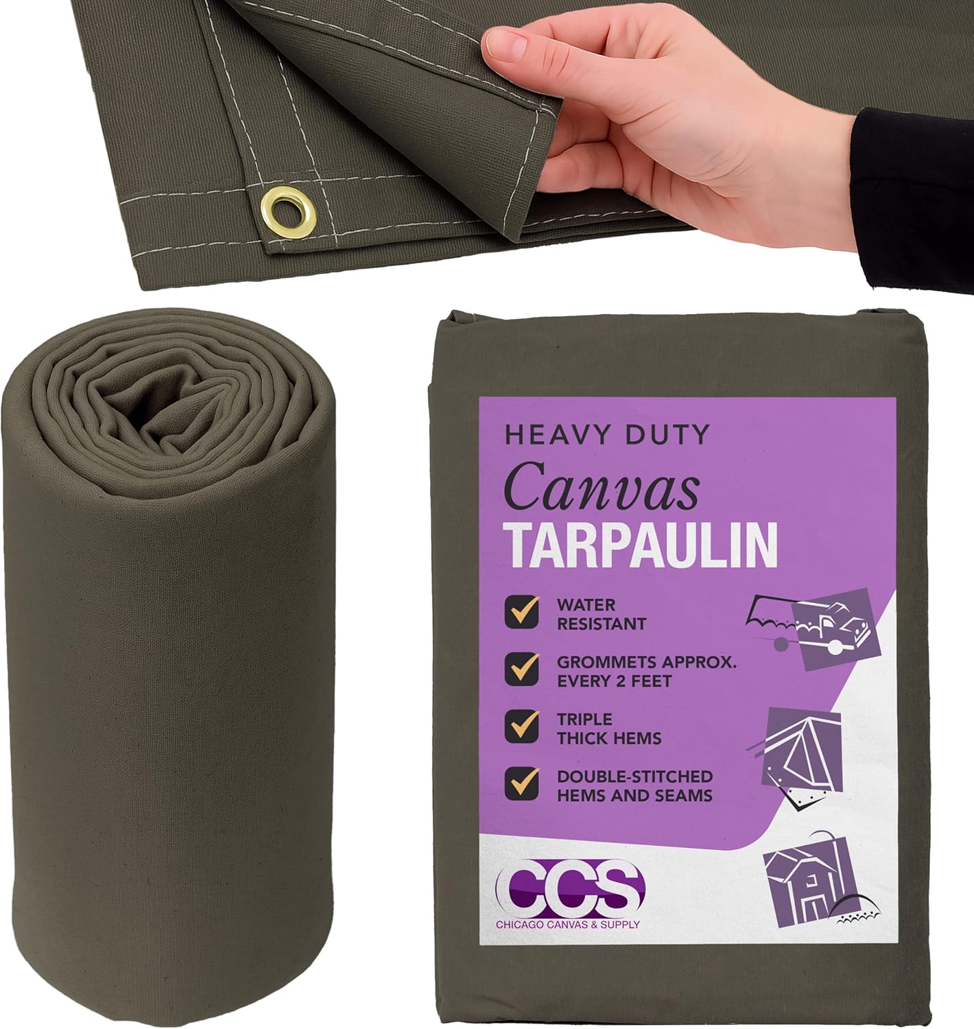 CCS Waterproof Canvas Tarp Cover (21oz) – Heavy Duty Duck Cloth, Waxed Canvas Tarpaulin with Rustproof Brass Grommets for Camping, Construction, Equipment &amp; Outdoor Use (Olive Drab,8x10 Ft)