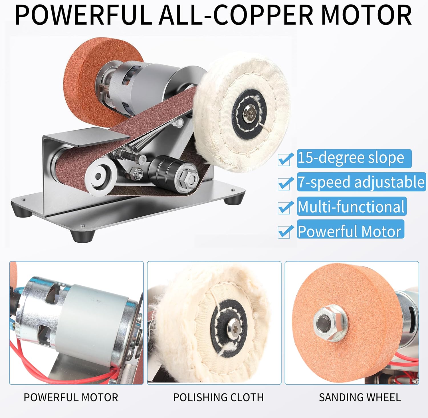 Multifunctional Mini Belt Sander, Electric Knife Sharpener, 15 Degree Belt Grinder,7 Adjustable Speed Buffer Polisher Knife Sharpening System for Kitchen Knives, Wood, Plastic, Crafts