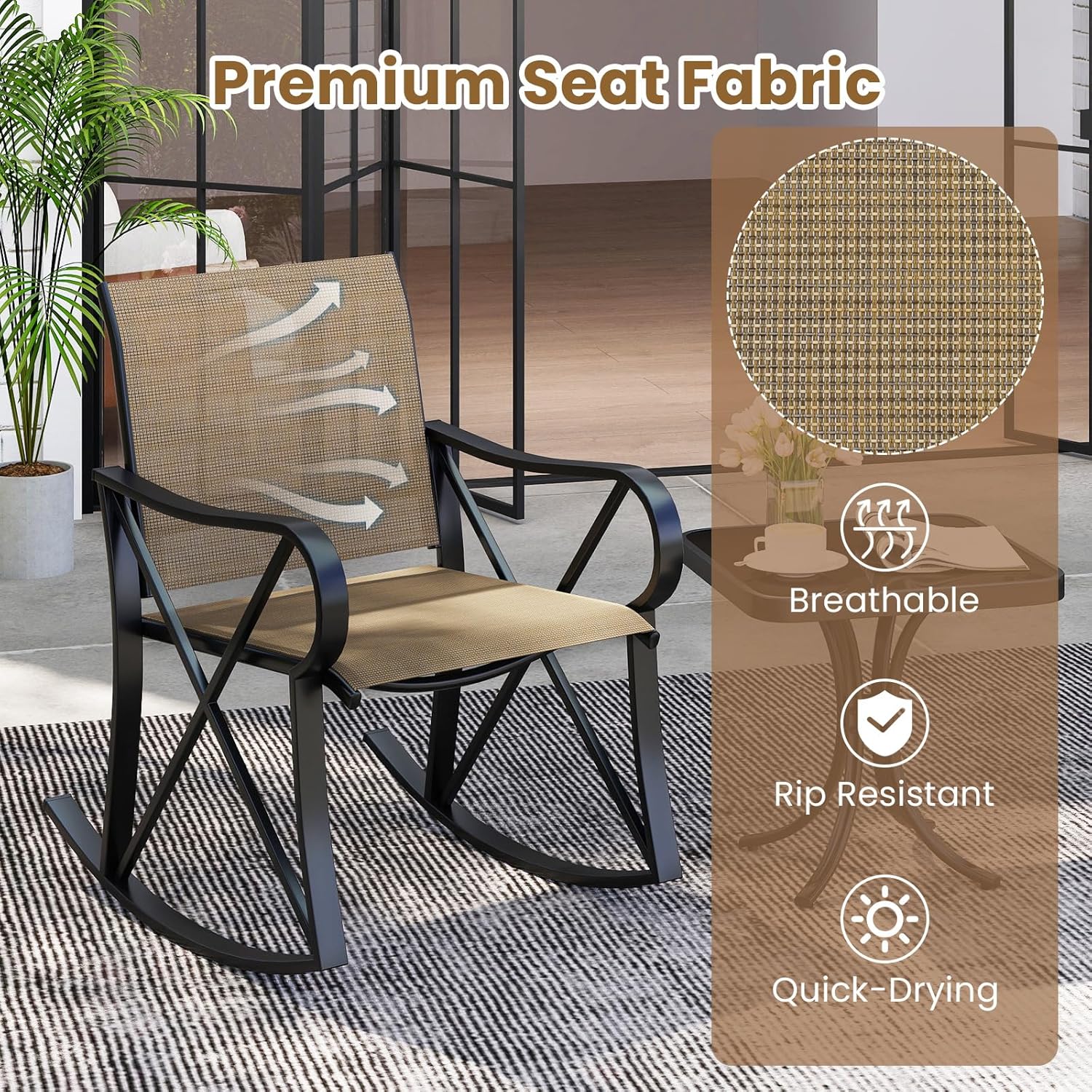 Tangkula 3 Piece Patio Rocking Set, 2 Rocking Chairs with Tempered Glass Side Table, Small Patio Furniture Set with Smooth Rocking Motion, Outdoor Rocker Chairs Bistro Set for Porch, Balcony (Brown)