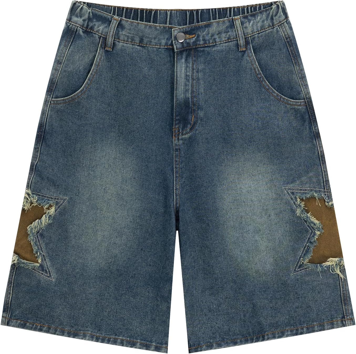 Vamtac Mens Star Patchwork Denim Shorts Mid Rise Casual Loose Summer Streetwear Baggy Jeans Jorts