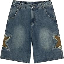 Vamtac Mens Baggy Denim Shorts Y2K Elastic Waist Star Patch Jorts | Denim streetwear, baggy knee length fit, elastic back waist, distressed star patch, frayed edges,star stitching pocket