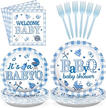 Grencian 96PCS BBQ Baby Shower Decorations Its A BabyQ Party Plates Disposable Blue BBQ Party Tableware Set for Boys Barbecue Themed Baby Shower Gender Reveal Picnic Birthday Party, Serves 24