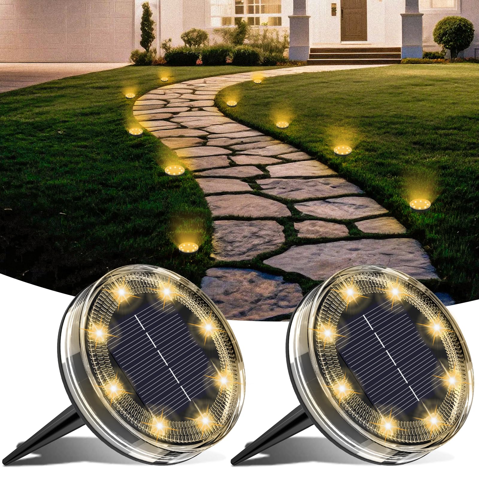 LOTMOS 6 Paquetes Luces Solares LED Exterior Jardin Suelo, 8 LED Impermeable Luz Solar Exterior Jardín, Lamparas Solares Suelo Camino, Terraza, Patio, Césped, Blanco Cálido — view 7