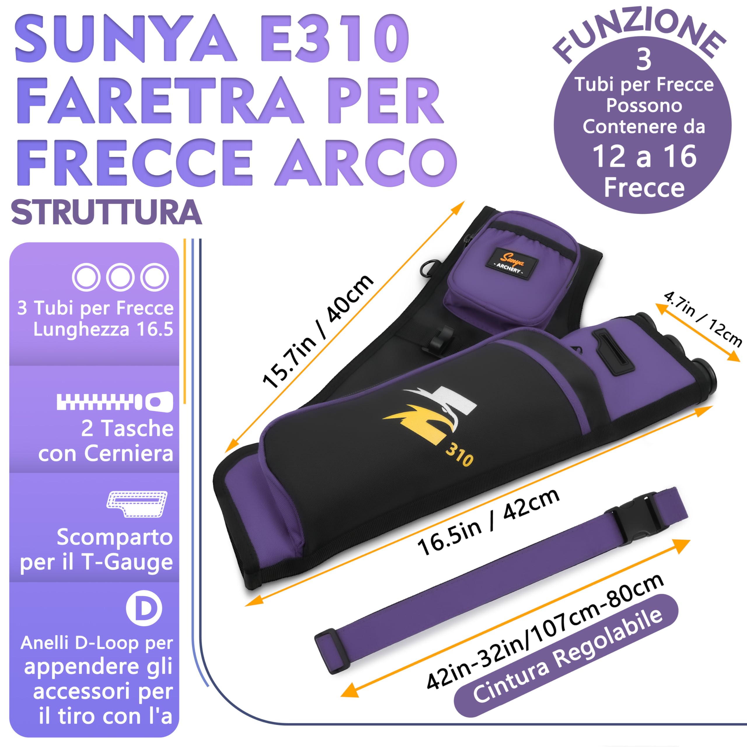 Sunya faretra per frecce Arco. Include 3 Tubi portafrecce, Tasche per Accessori e Cintura. Adatto per Archi Compound e recurve. - 2