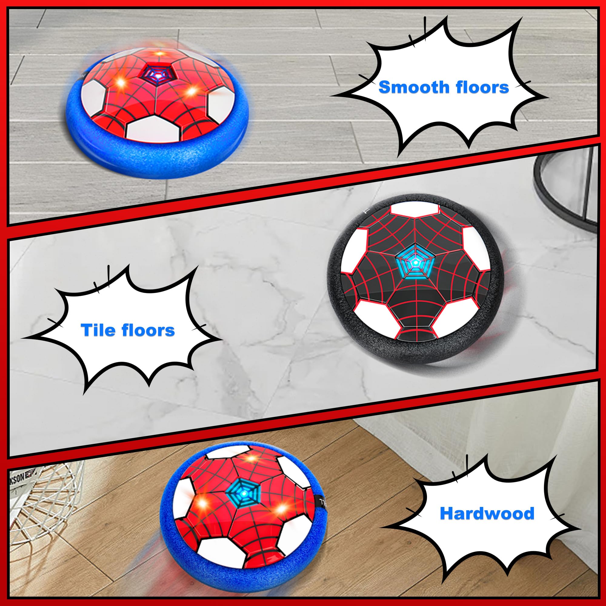 Spider Ballon de Foot Aéroglisseur LED - Lot de 2, Jouet Enfant Air Power Football 3-12 Ans, Football Enfant pour Intérieur/Extérieur, Idée Cadeau Garçon/Fille (Anniversaire, Noël)-RB