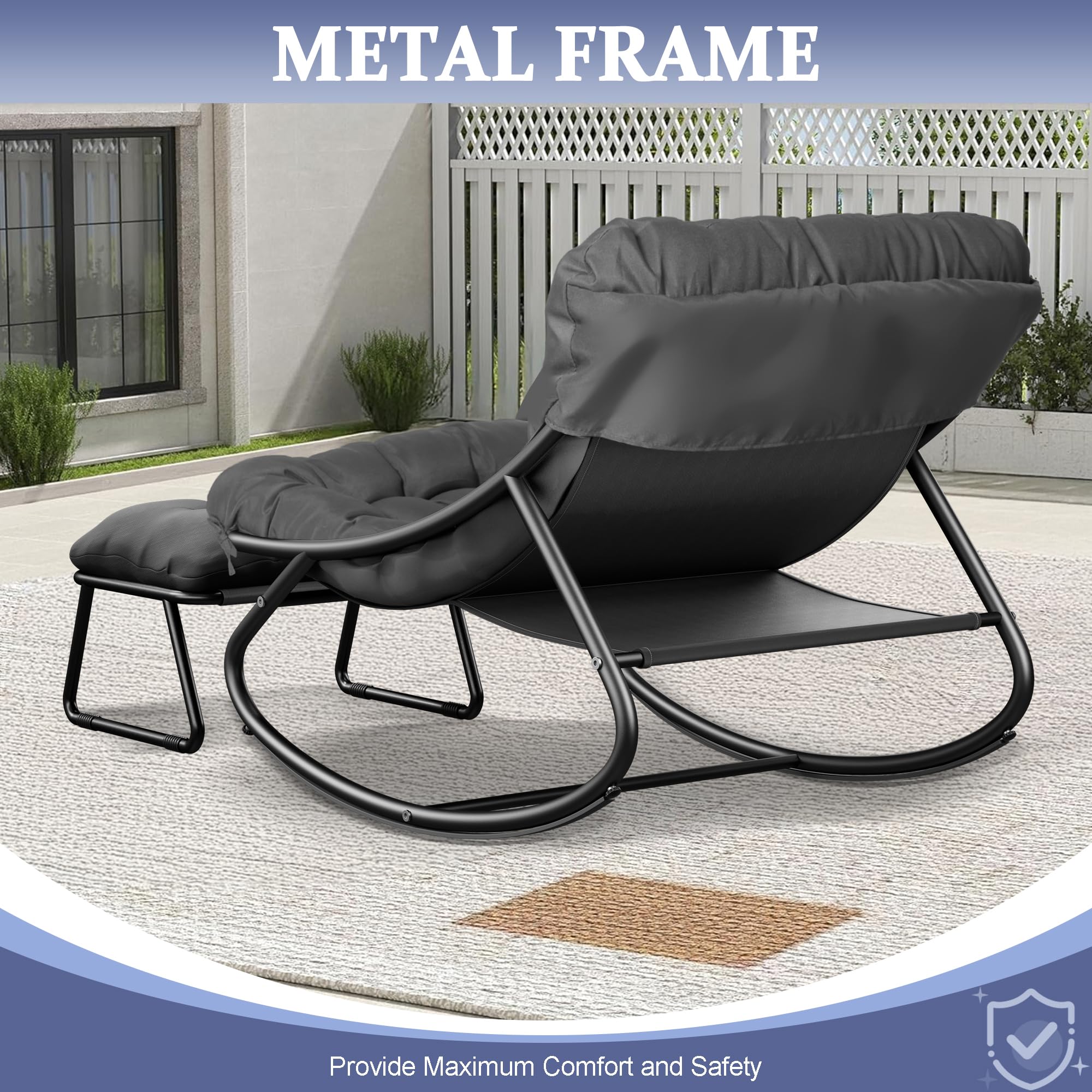 Silla Mecedora con Reposapiés, Carga 150 kg, Sillon Mecedora Salon Extra Grande con Cojín Acolchado, Rocking Chair Marco de Metal, Sillón Relax para Adulto Salón, Dormitorio, Interior y Exterior(gris)